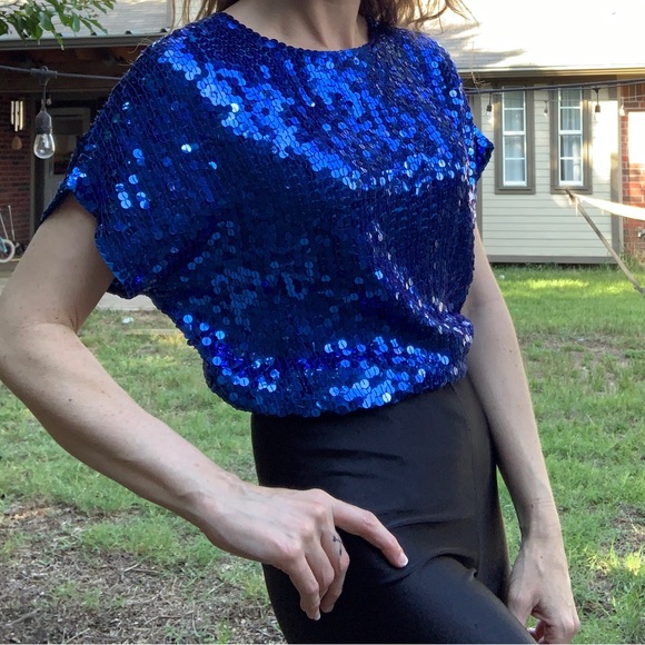 Vintage 80s blue Sequin Blouse - Picture 3 of 9